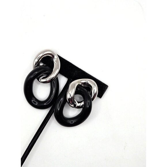 Vintage Givenchy Signed Black and Silver Large Link 2" dangle Clip Earrings - Picture 3 of 4